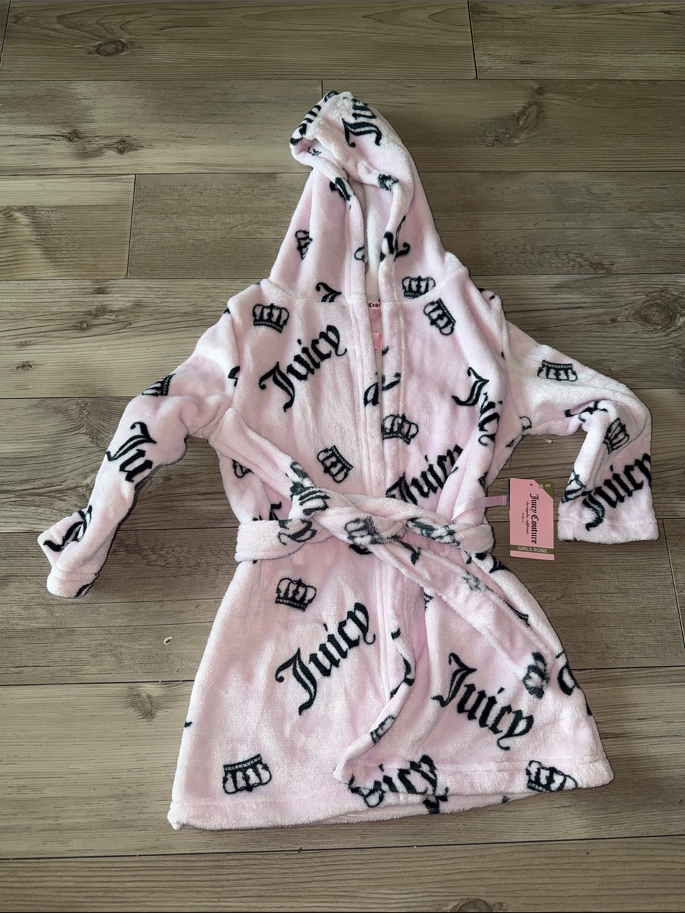 Juicy Couture Girls' Light Pink Hooded Plush Robe with Logo Print